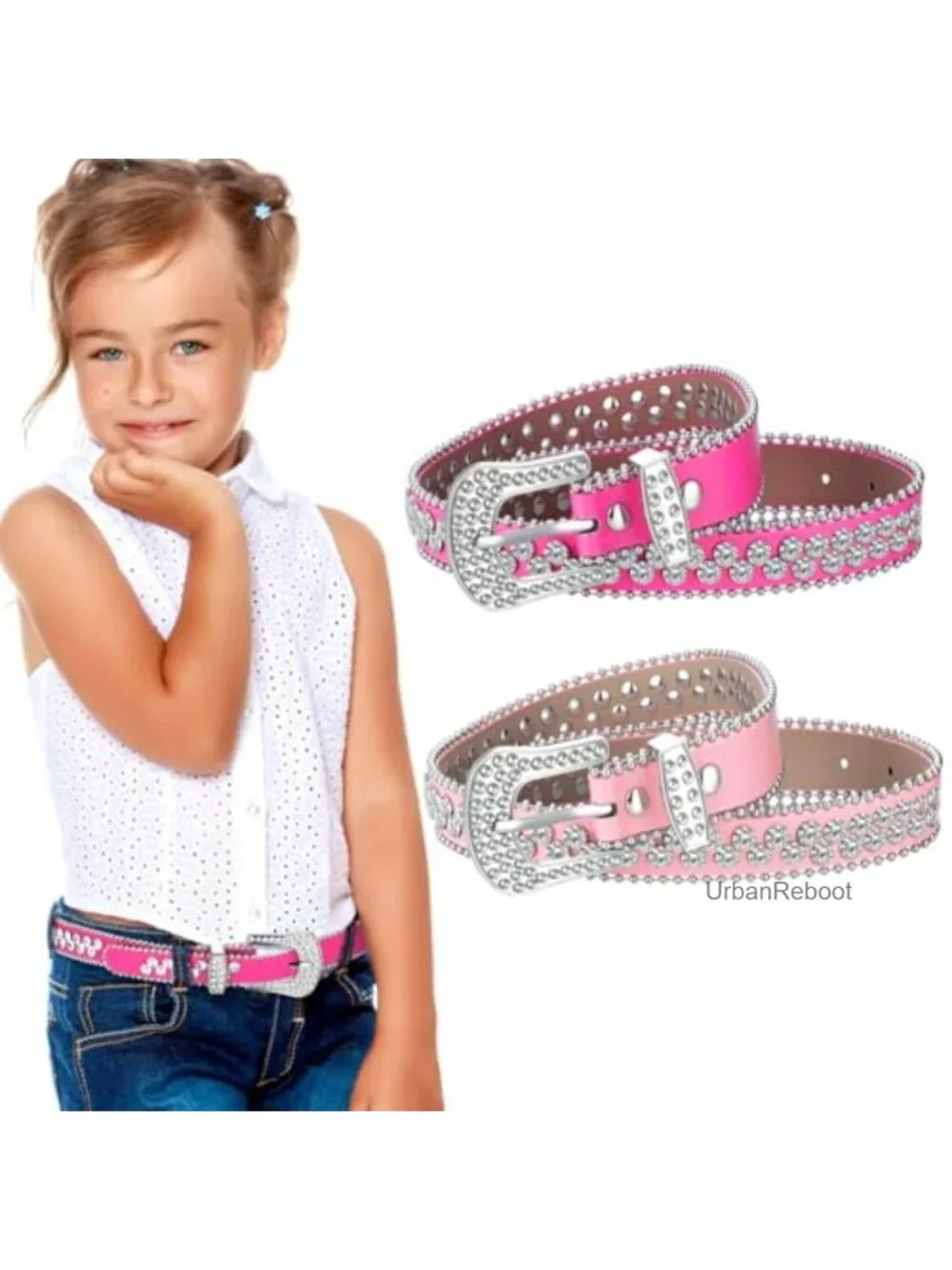 2 Pcs Rhinestone Belt for Kids, Artificial Leather Western Belts for Girls,